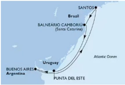 Mapa del itinerario MSC Buenos Aires Santos Camboriú Punta del Este
